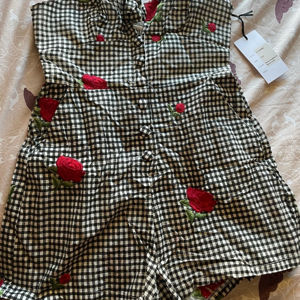 UniqueVintage Black Gingham & Roses Hayward Romper
